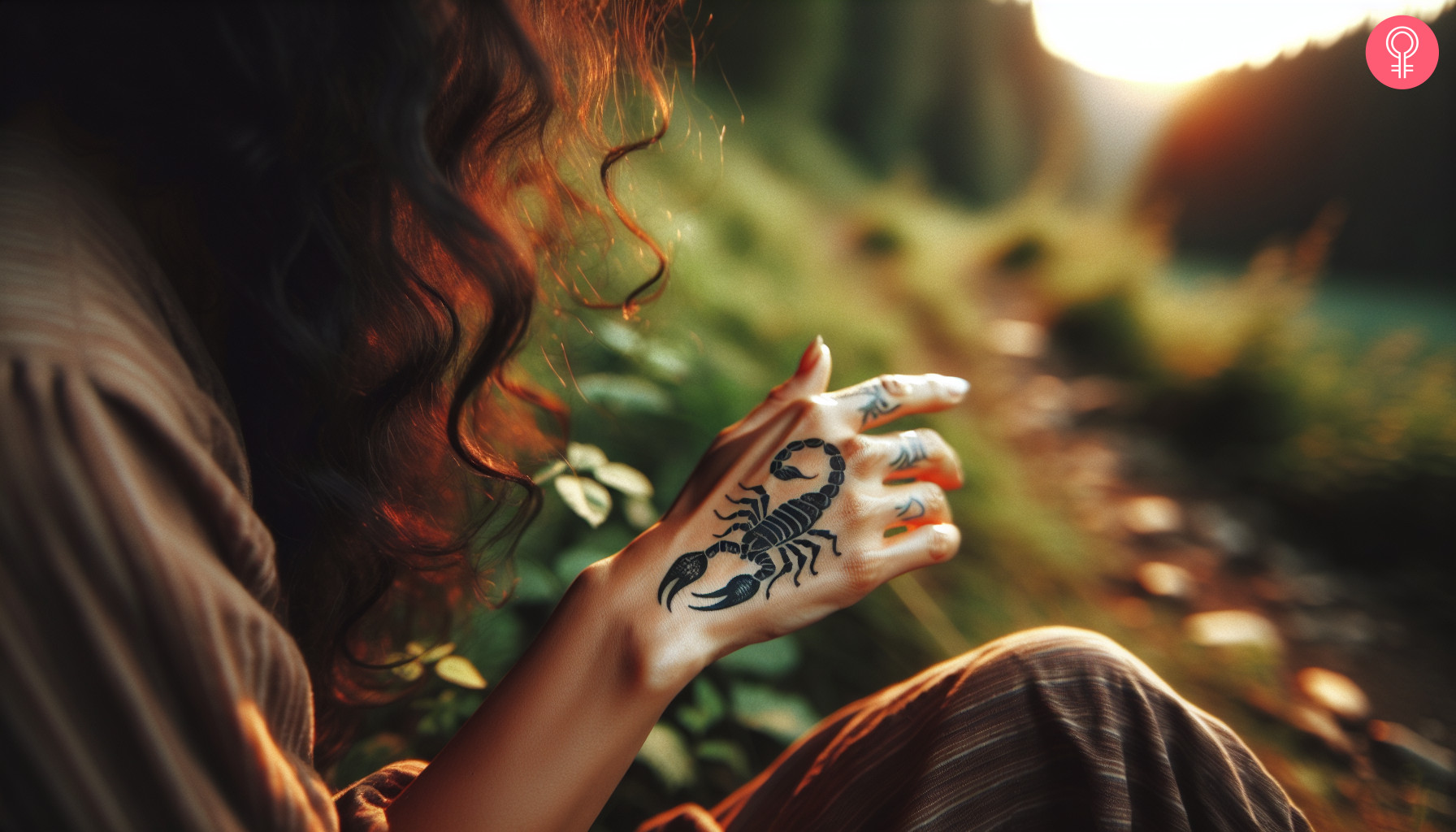 A tribal scorpion tattoo on a woman’s hand