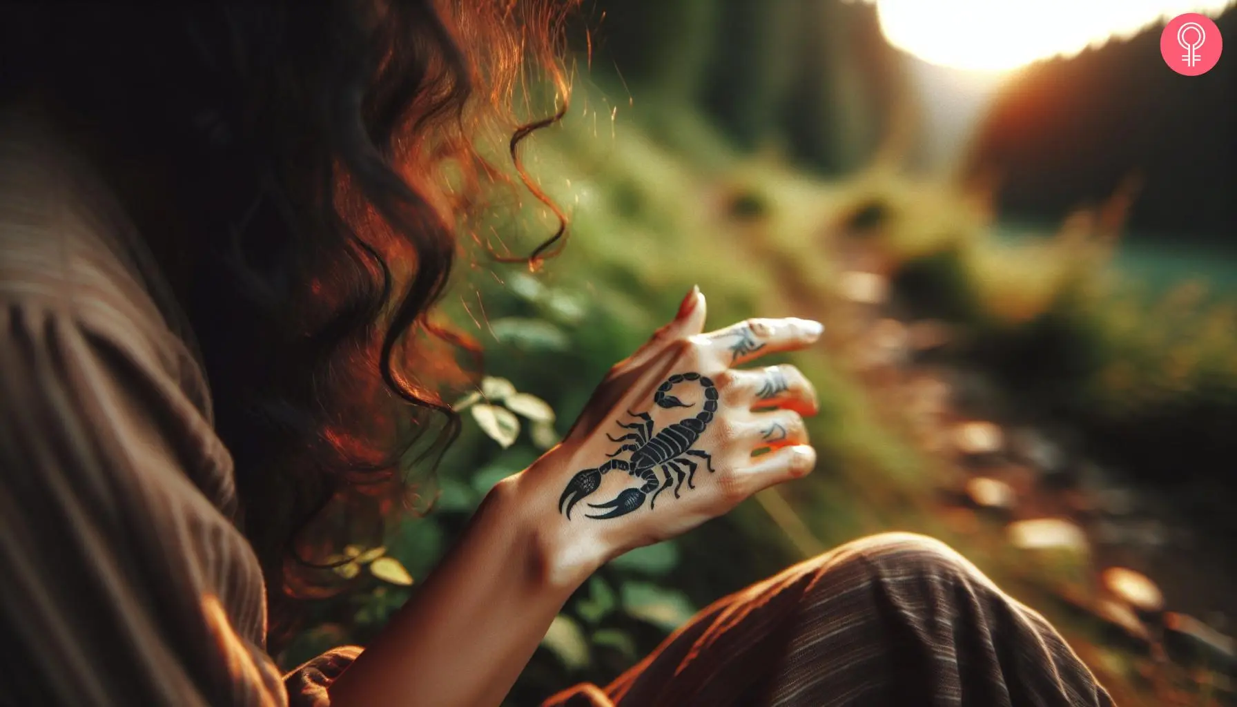 A tribal scorpion tattoo on a woman’s hand