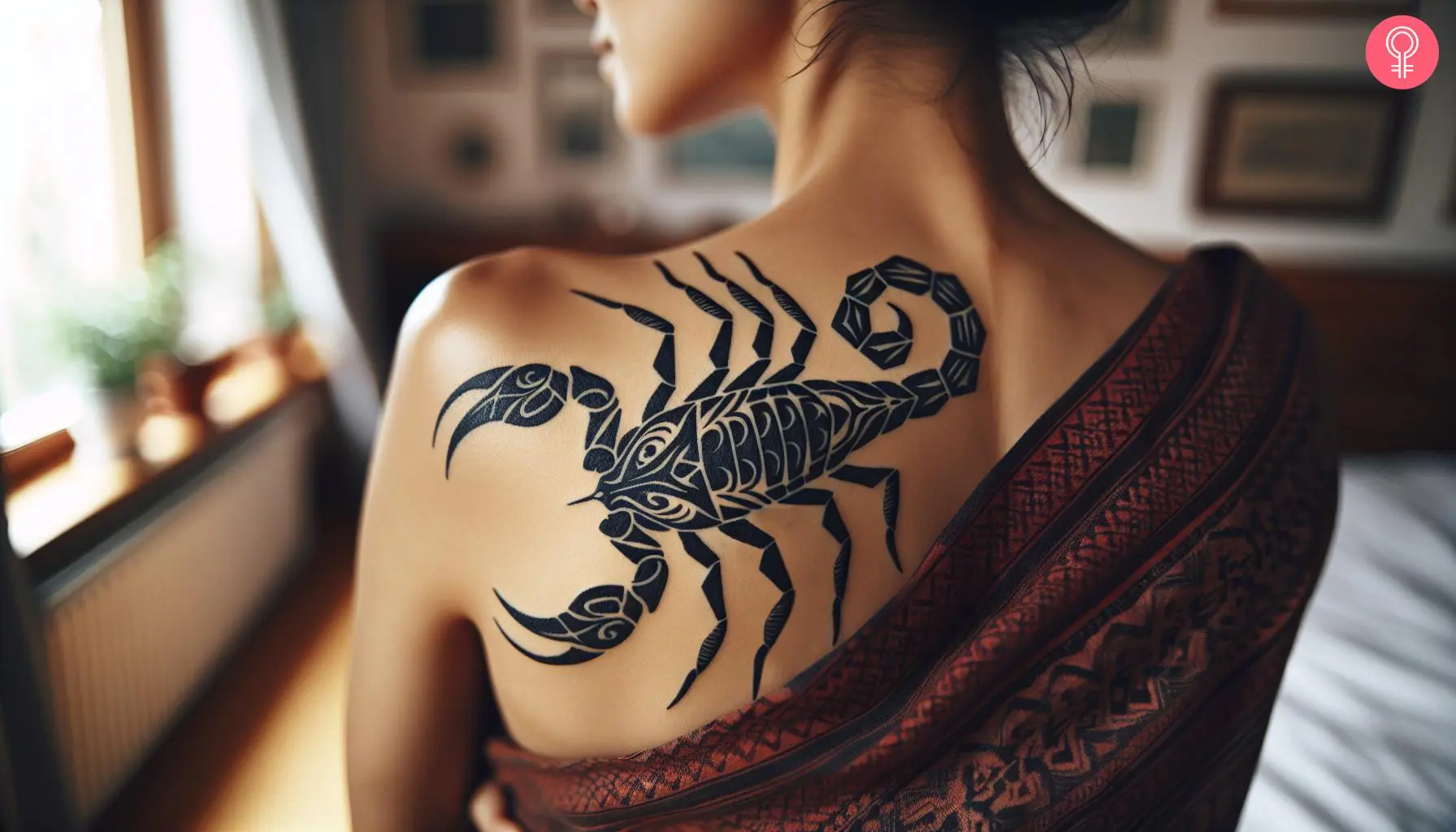 A tribal scorpion tattoo on a woman’s back shoulder