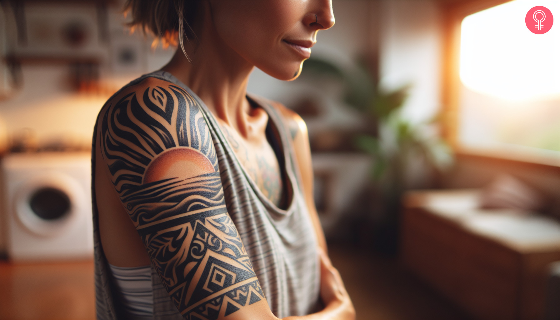 Tribal sunset tattoo on upper arm