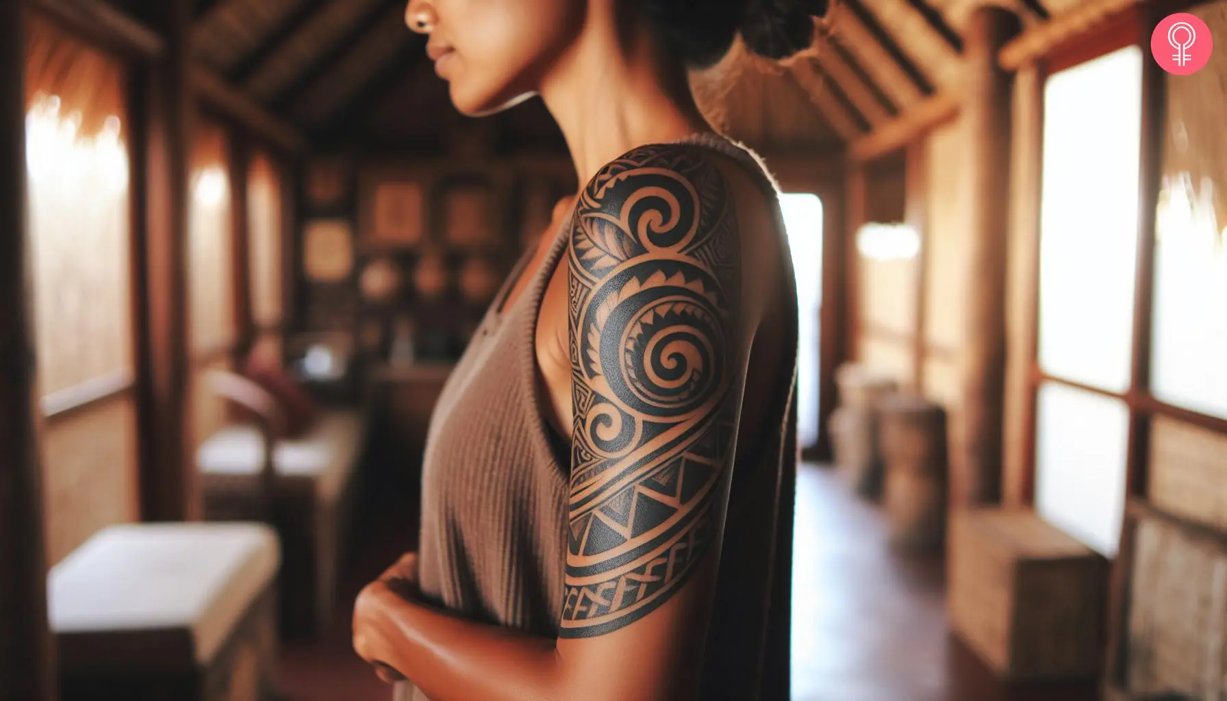 Tribal swirl tattoo on the upper arm of a woman