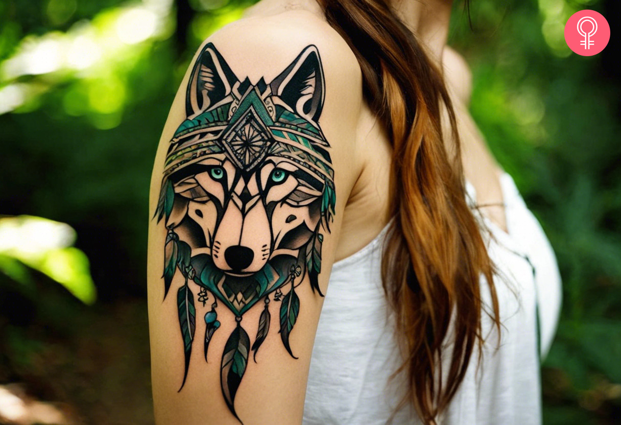 Tribal wolf dreamcatcher tattoo on a woman’s arm