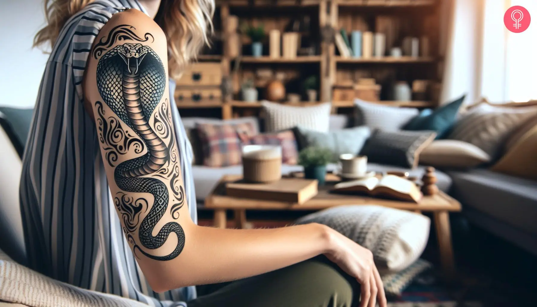 Tribal cobra tattoo on the upper arm of a woman