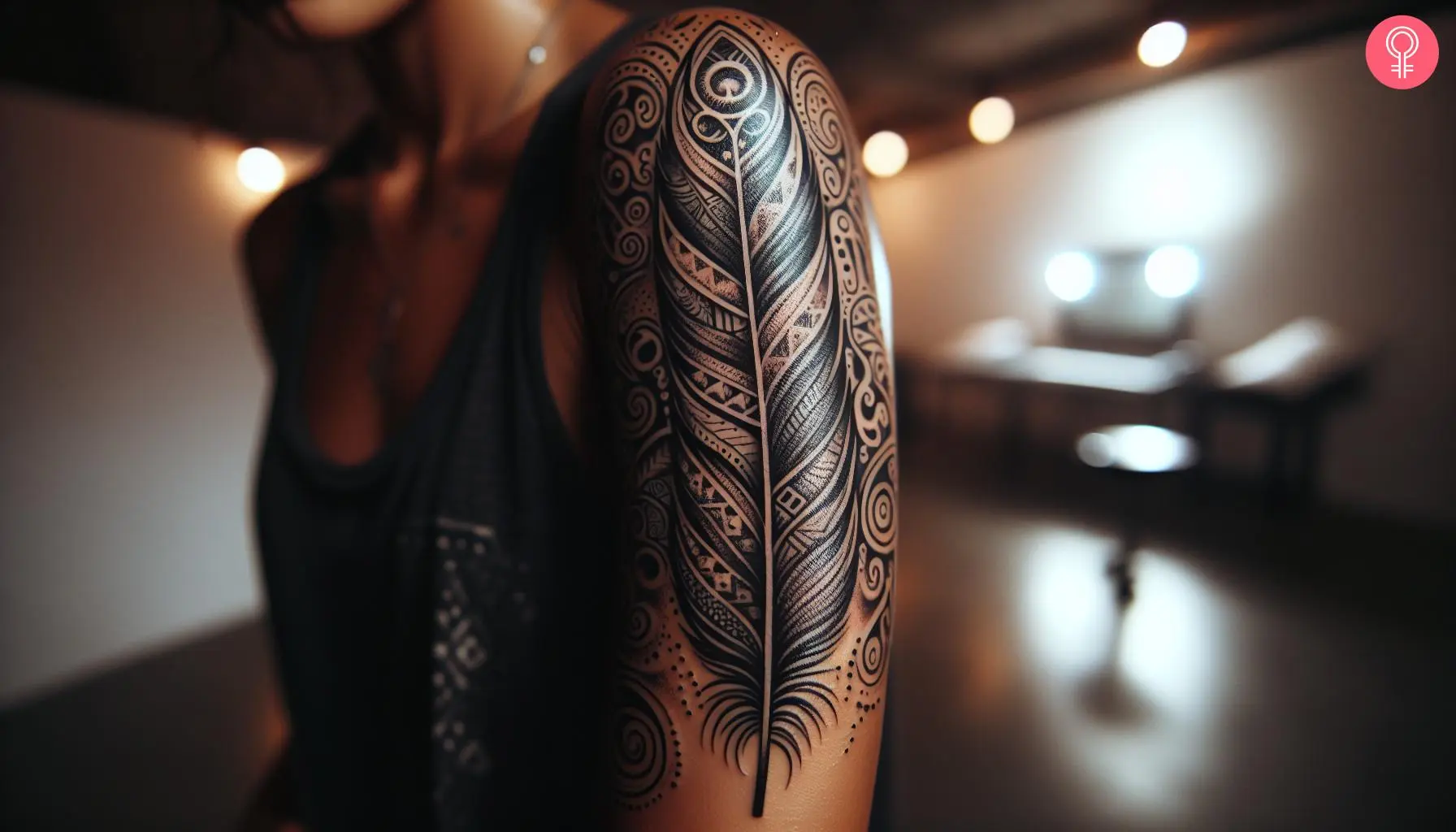 Tribal feather tattoo design on the arm of a woman