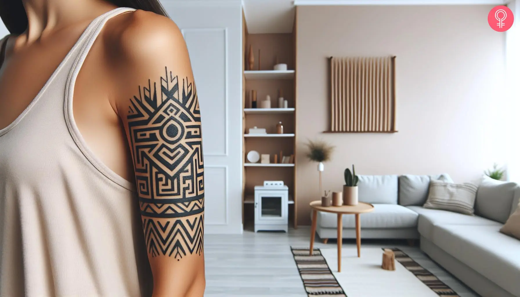 Tribal maze tattoo on the upper arm of a woman