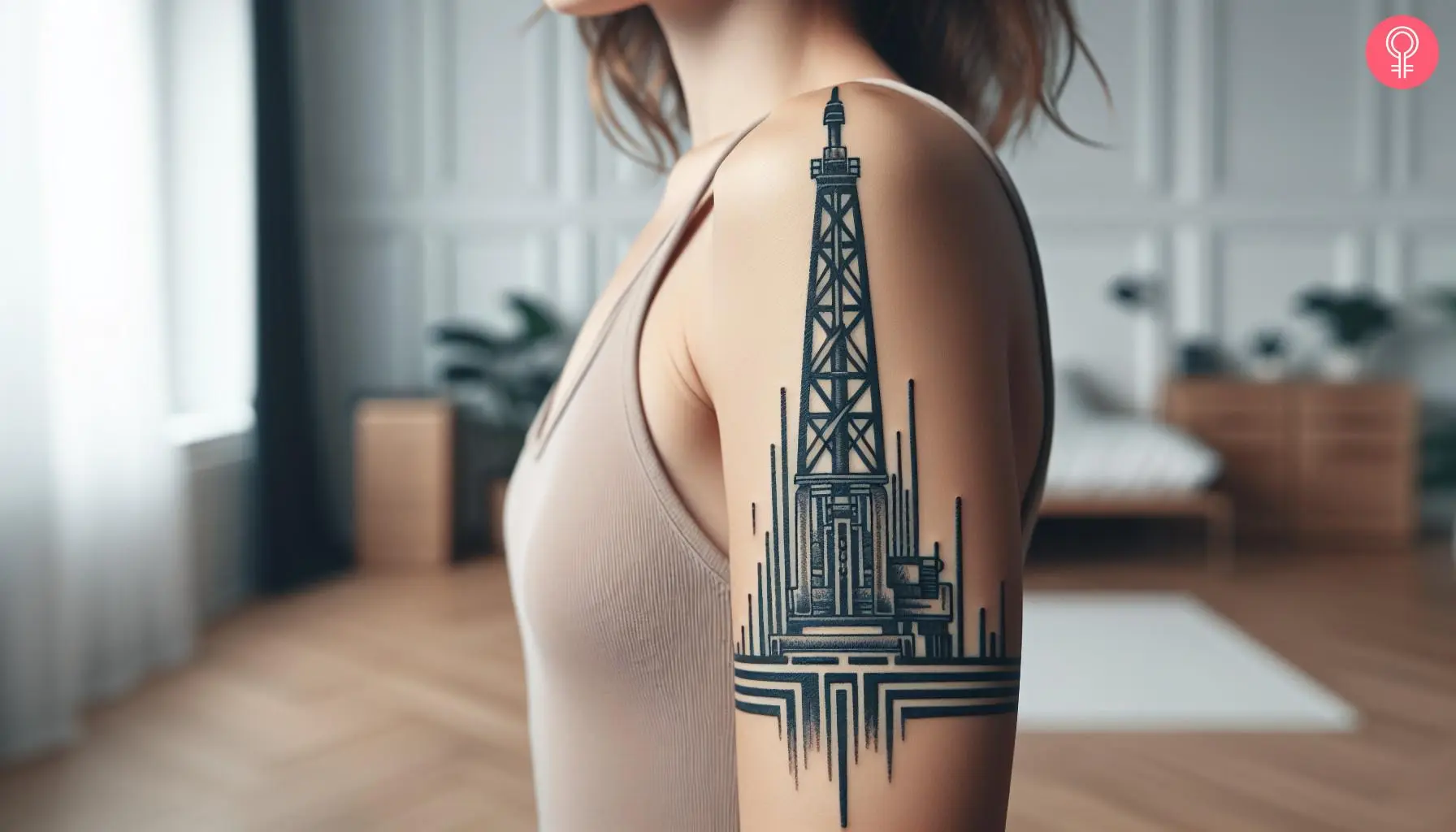 Tribal oilfield tattoo on the upper arm of a woman