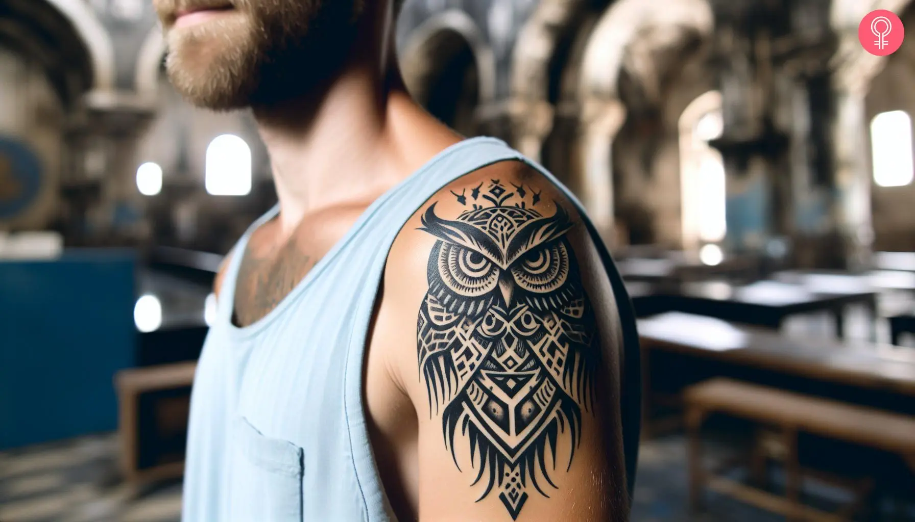 Tribal owl tattoo on the shoulder of a man