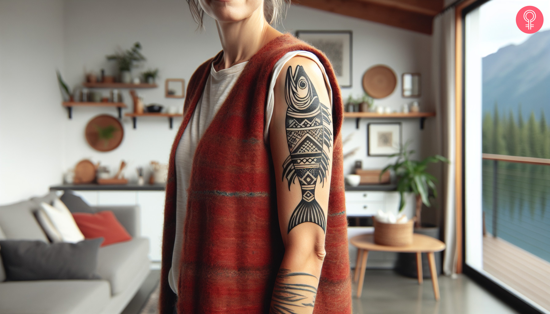 Tribal pike tattoo on the upper arm of a woman