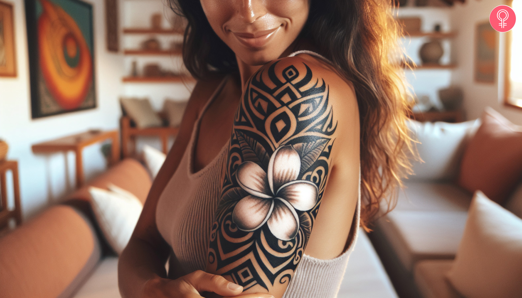 Tribal plumeria tattoo on the upper arm