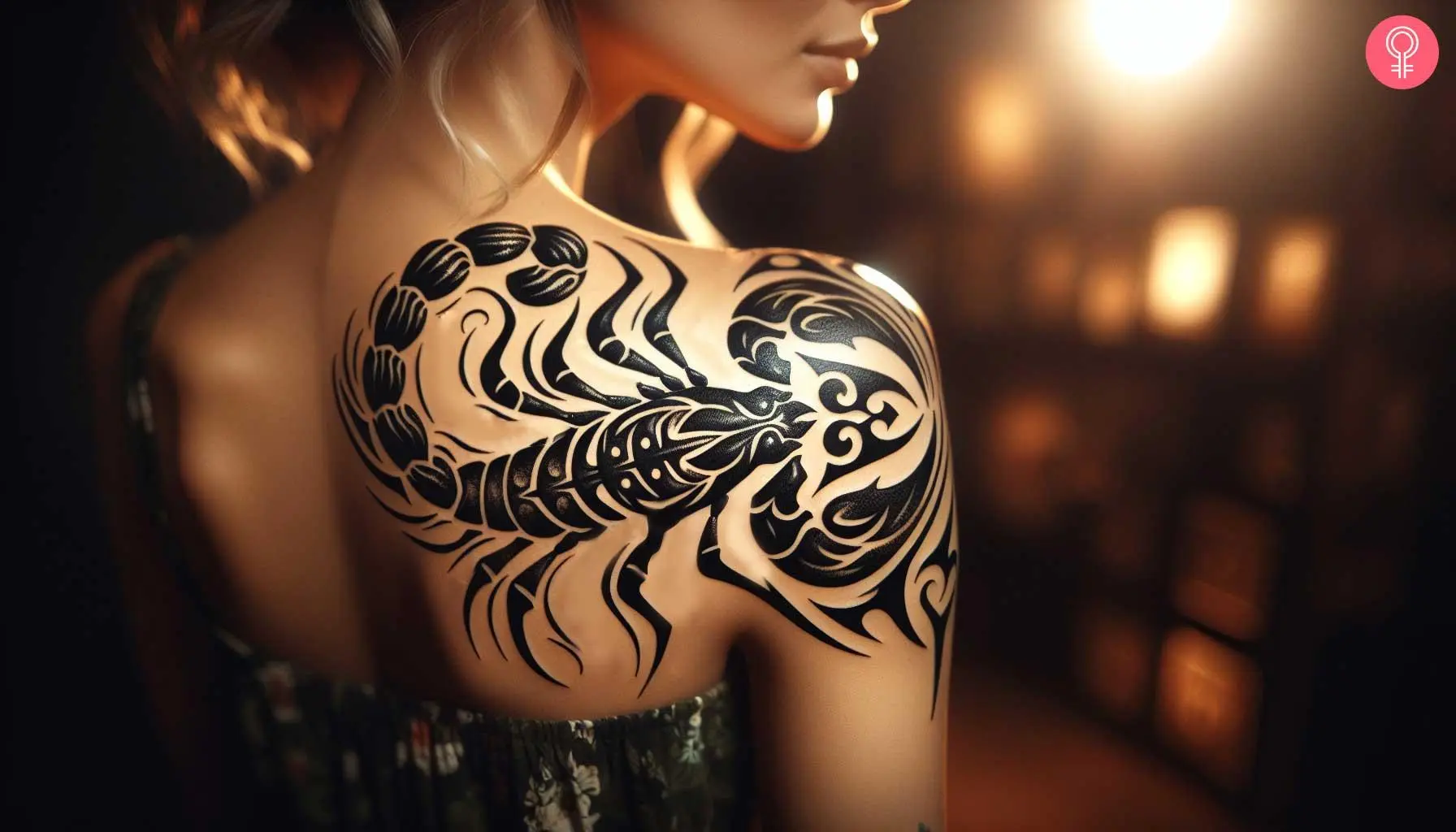 Tribal scorpion tattoo on the back shoulder of a woman