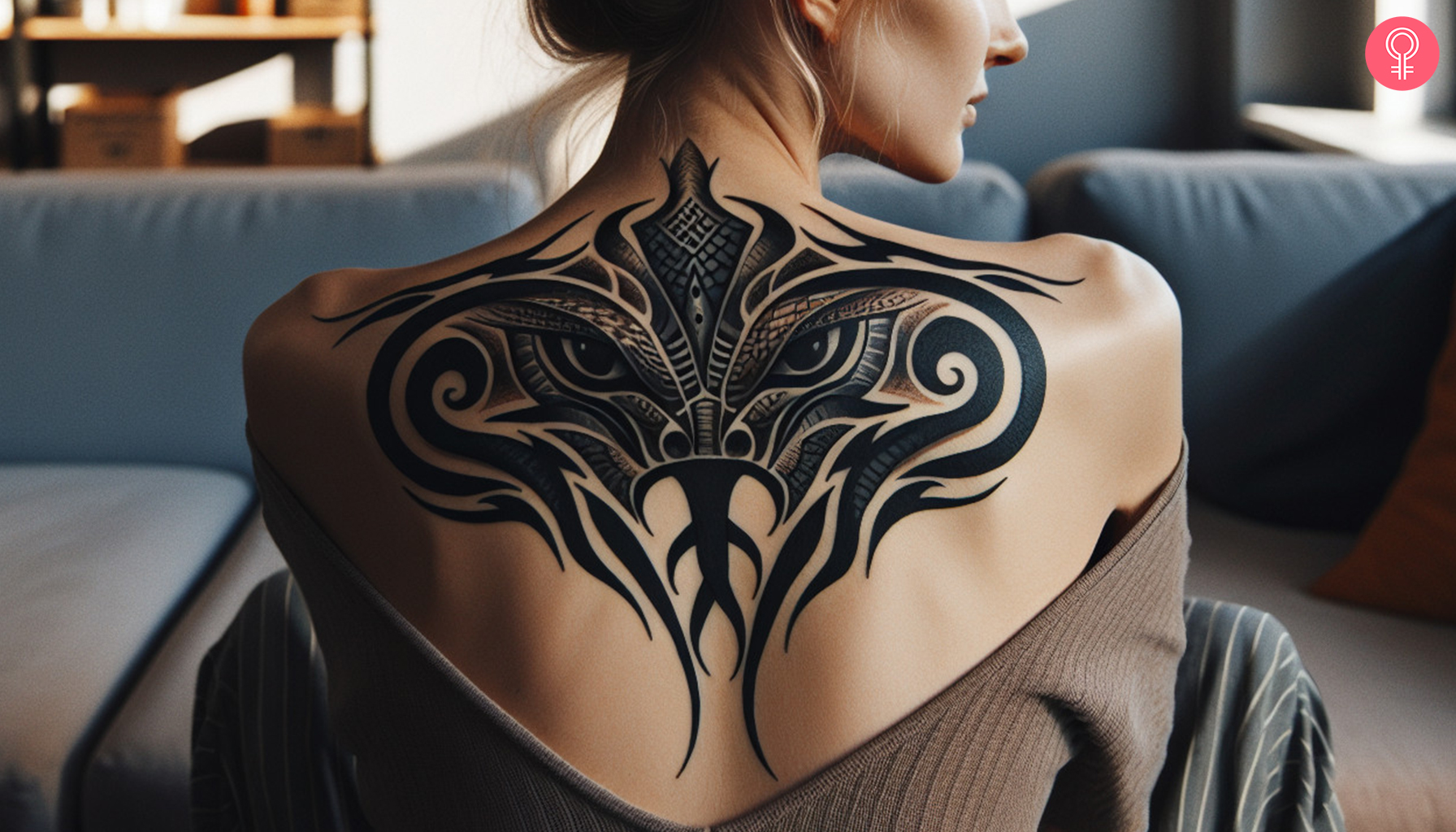 Tribal snake head tattoo on the upper back of a woman