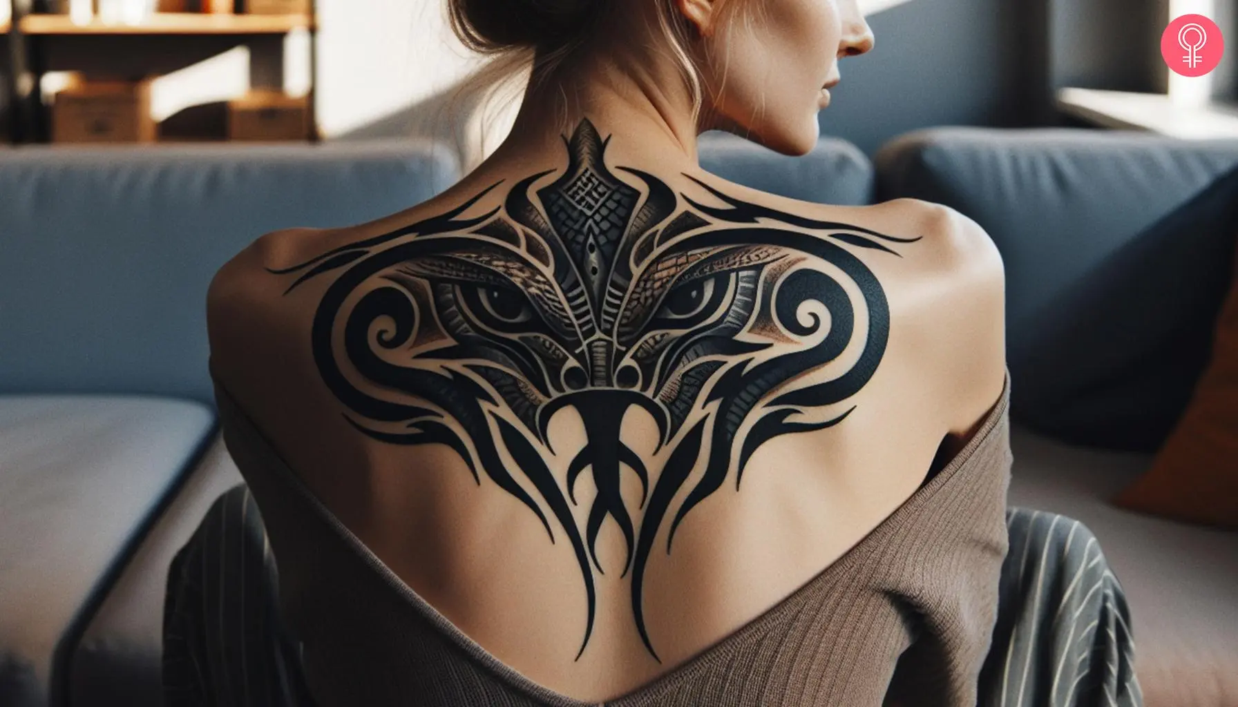 Tribal snake head tattoo on the upper back of a woman