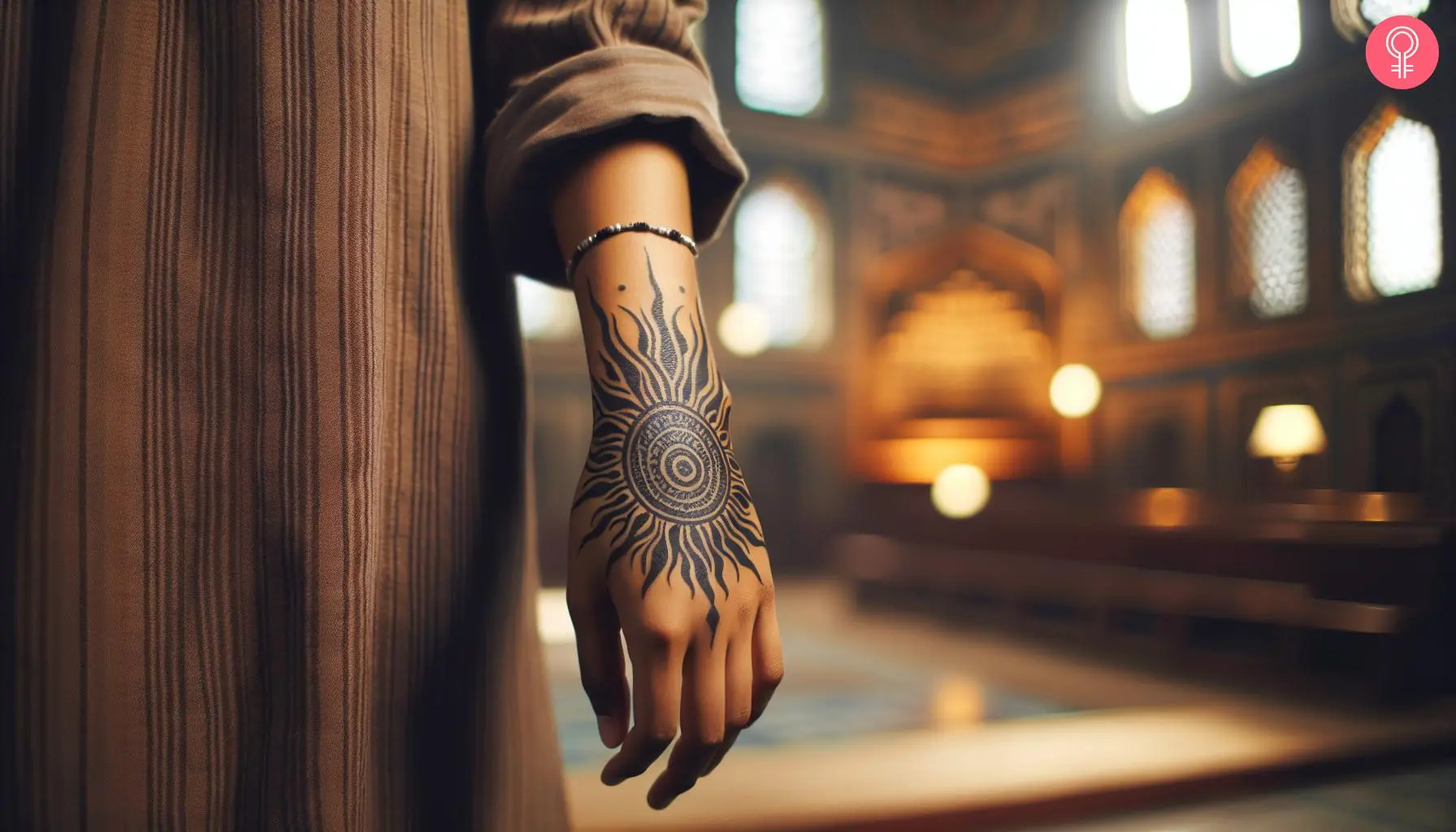 Tribal sun tattoo on the hand of a woman