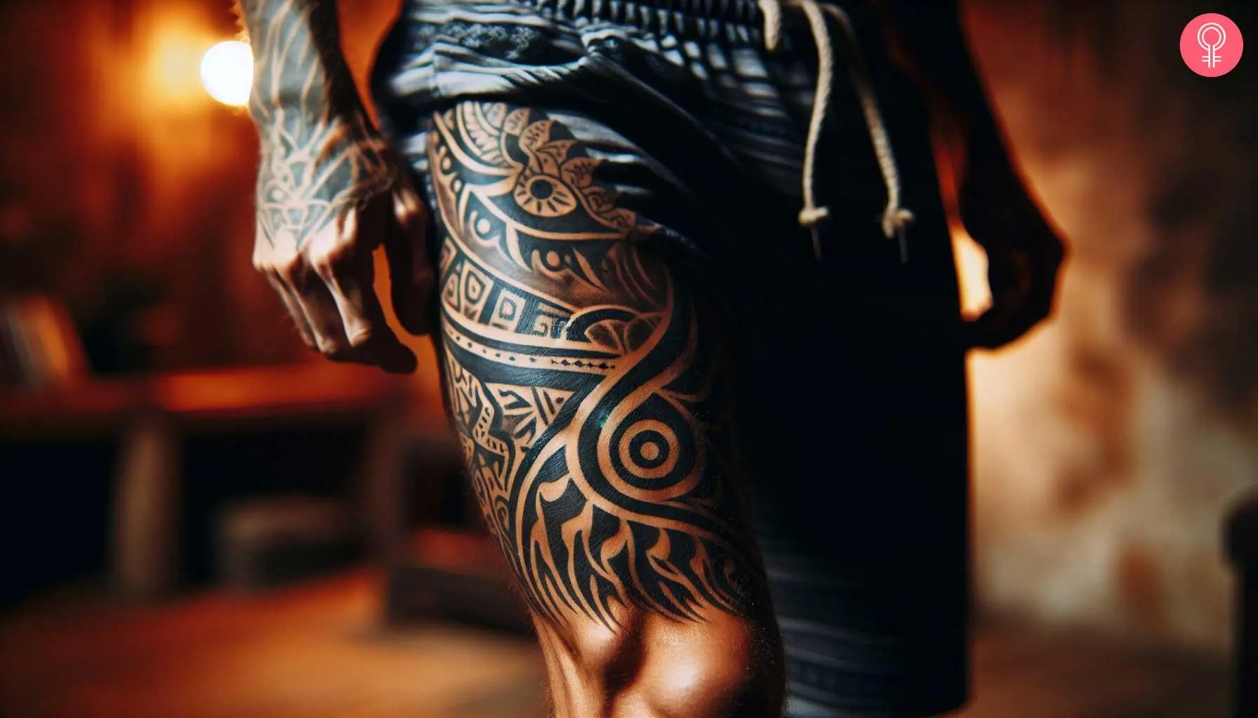 Tribal tattoo design on the thigh of a man