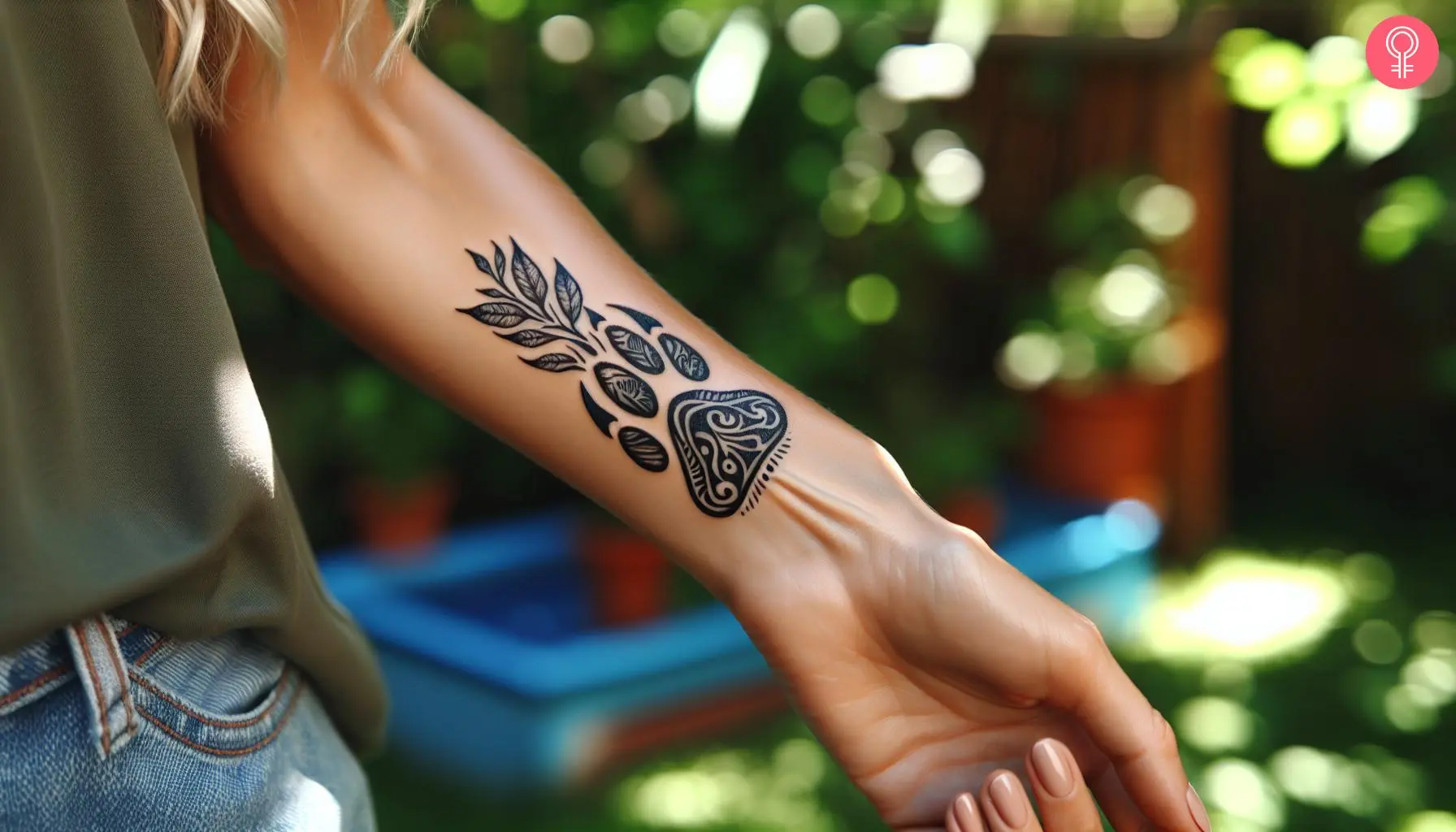 Tribal wolf paw tattoo on the wrist of a woman