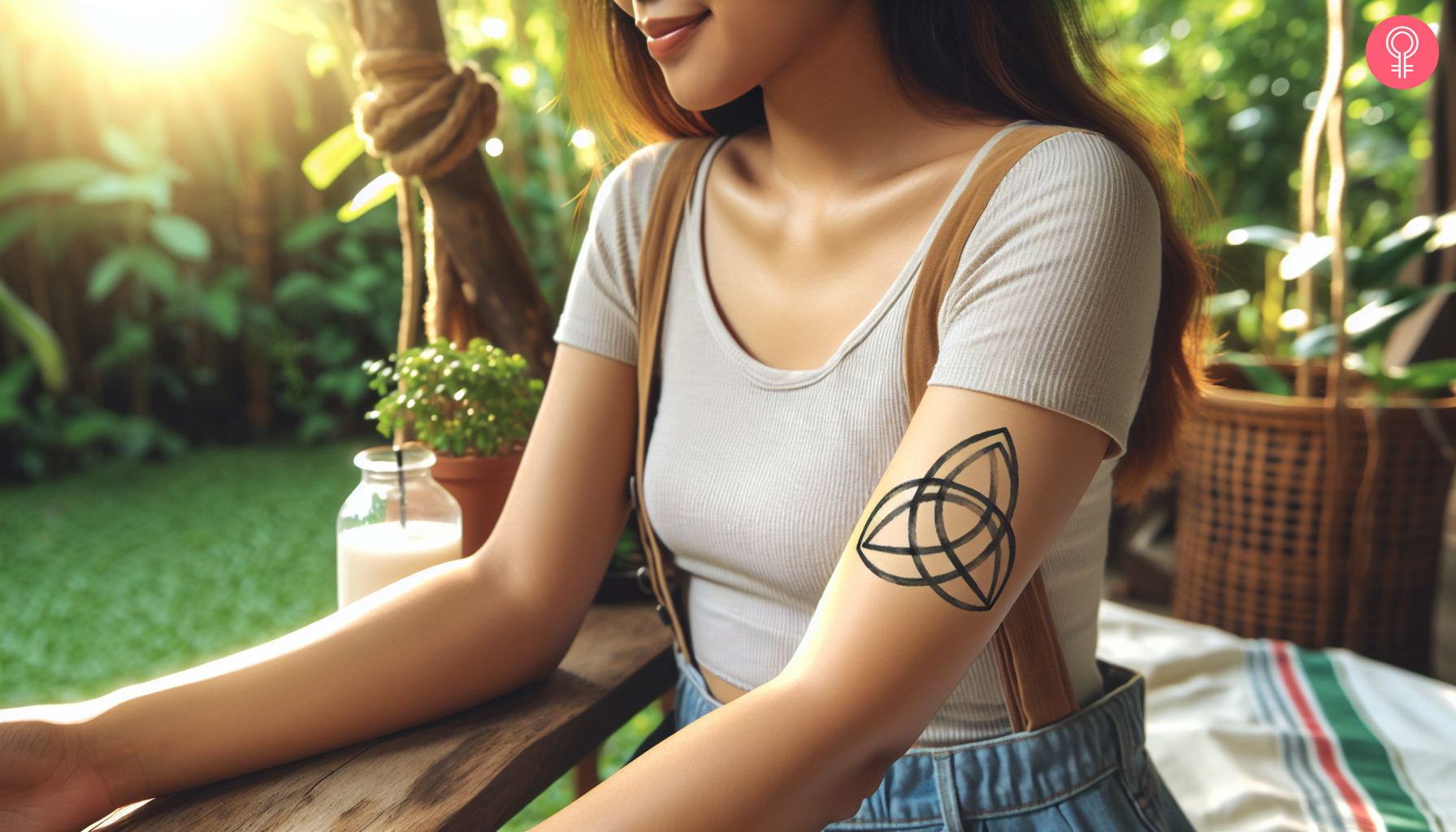 Trinity knot triquetra tattoo on the upper arm of a woman