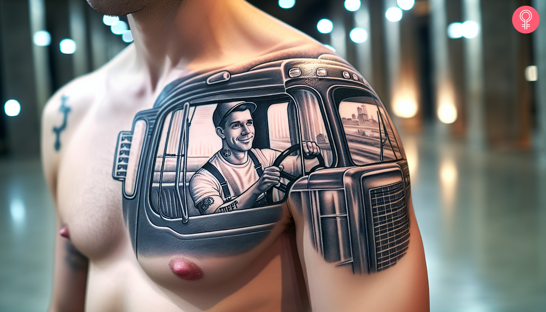 Trucker truck driver tattoo on the front shoulder of a man