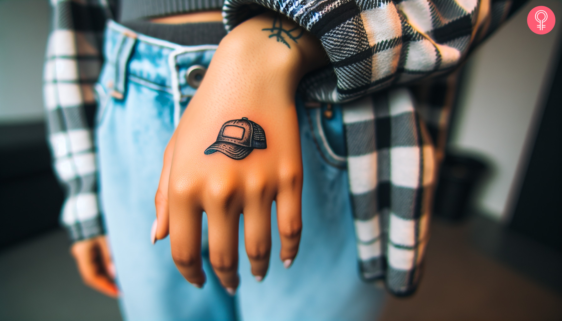 Trucker hat tattoo on the hand of a woman