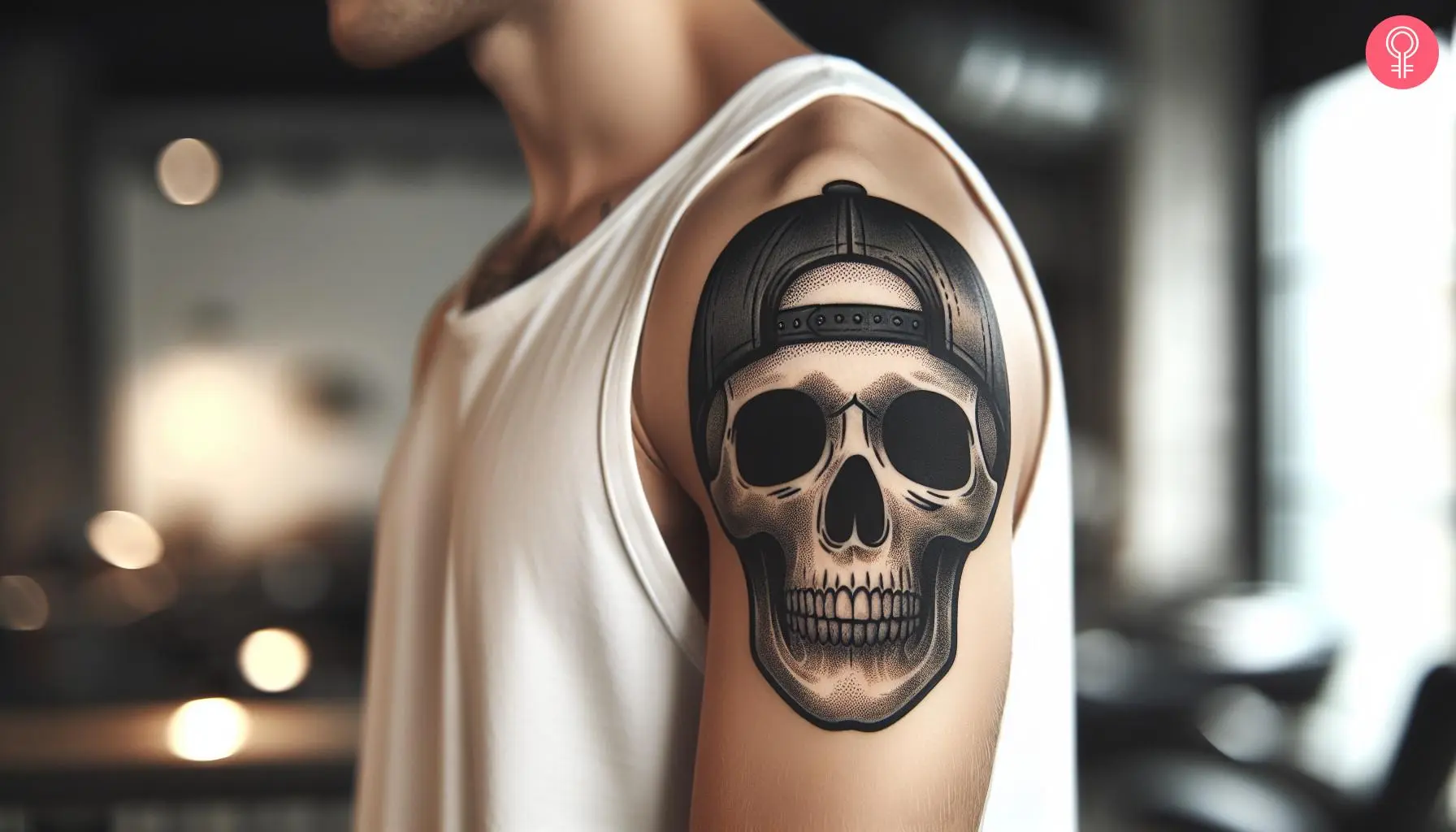 Trucker skull tattoo on the shoulder of a man