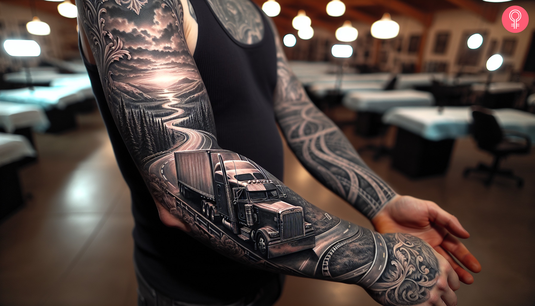 Trucker tattoo on arm sleeve of a man