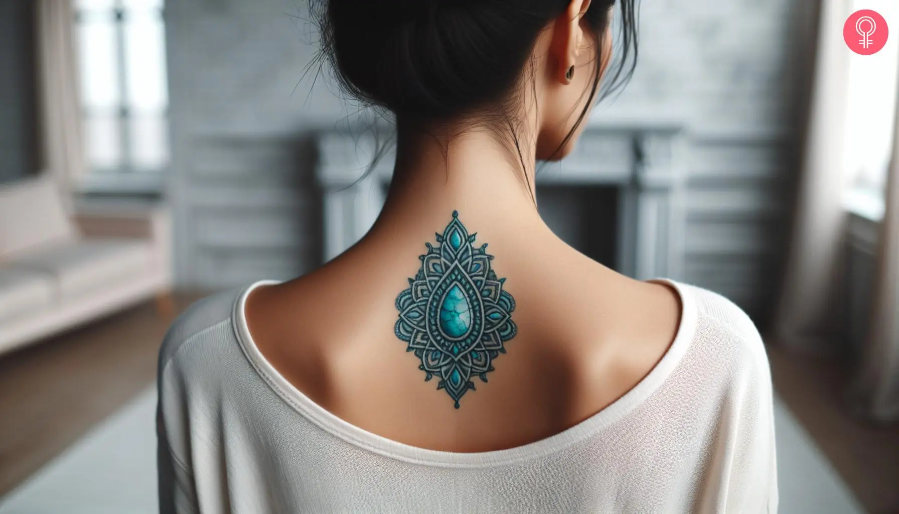 A woman with a turquoise gem tattoo on the nape of her neck