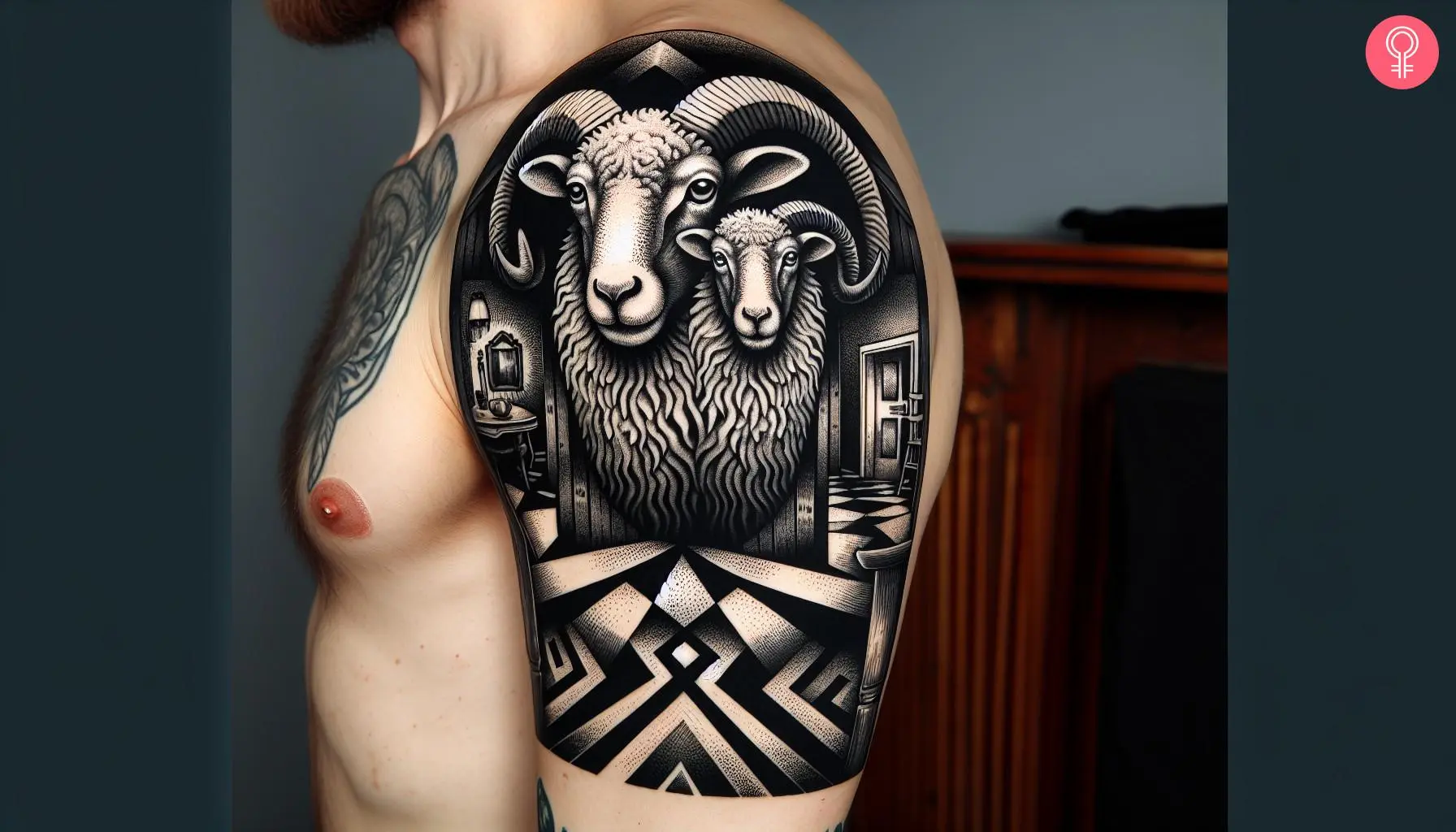 A man with a two headed lamb tattoo on the upper arm