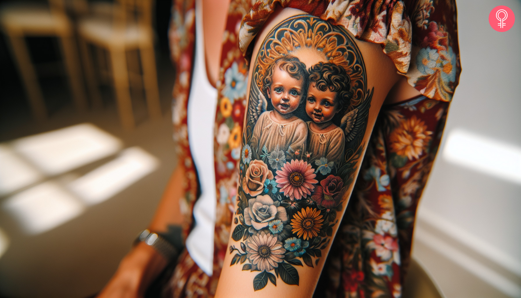 Two baby angels with floral design tattoo on the arm of a woman