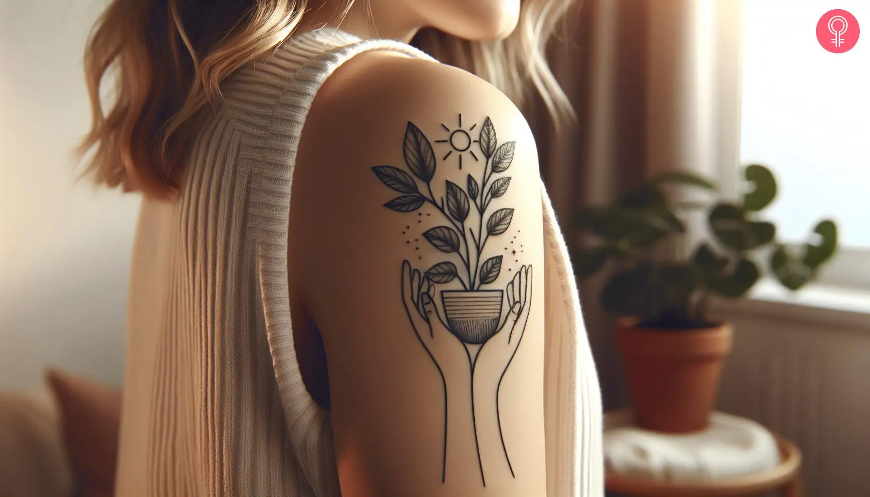 Two hands holding a houseplant tattoo on the upper arm