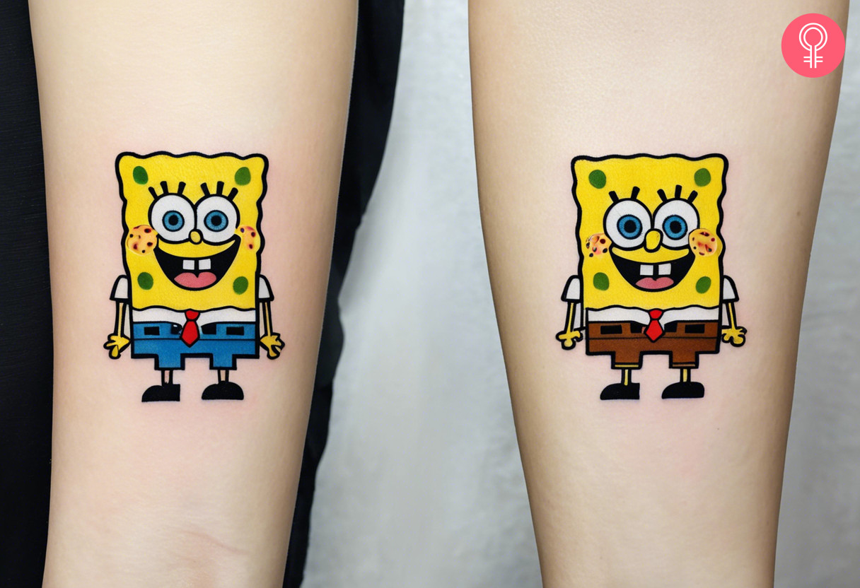 Two matching spongebob tattoos on the lower arms of two women