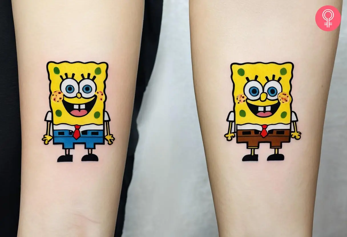 Two matching spongebob tattoos on the lower arms of two women