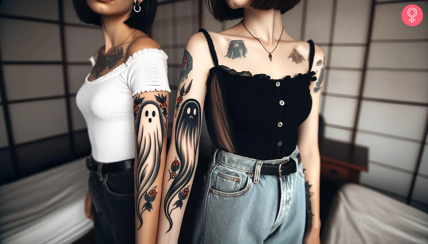 Two women with matching minimalist ghost tattoos on their upper arm