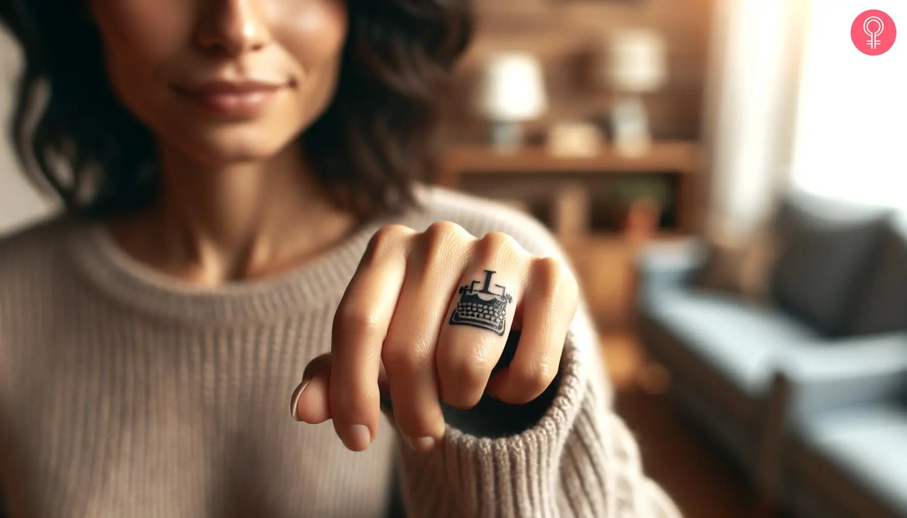 A woman with a cute and delicate finger tattoo of a miniature typewriter and the letter I