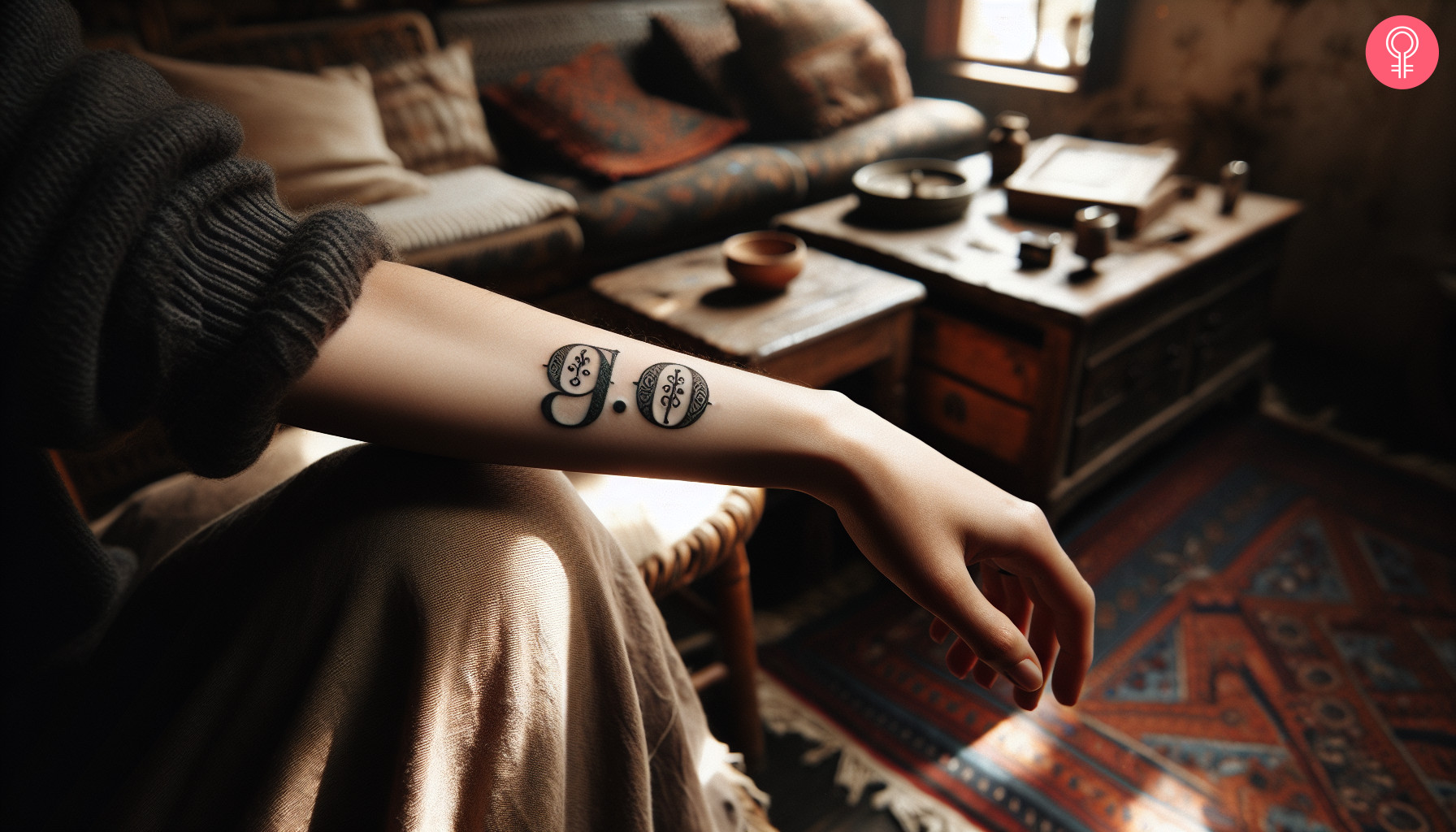 A woman with a lower arm tattoo of initials G and O in decorated typewriter font