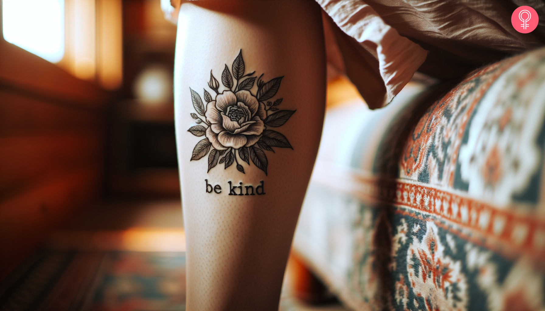 A woman with a calf tattoo of a carnation with the words ‘be kind’ written in typewriter font