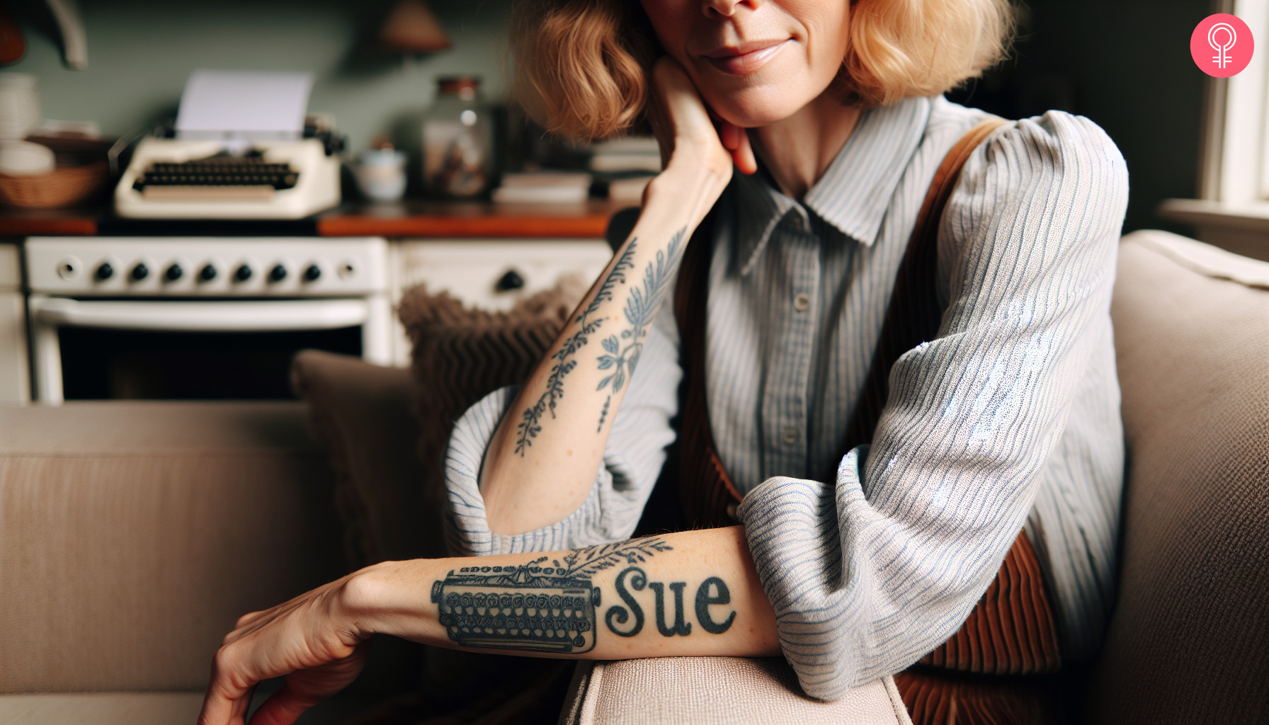 A woman with a lower arm tattoo of a typewriter with the name Sue in typewriter font