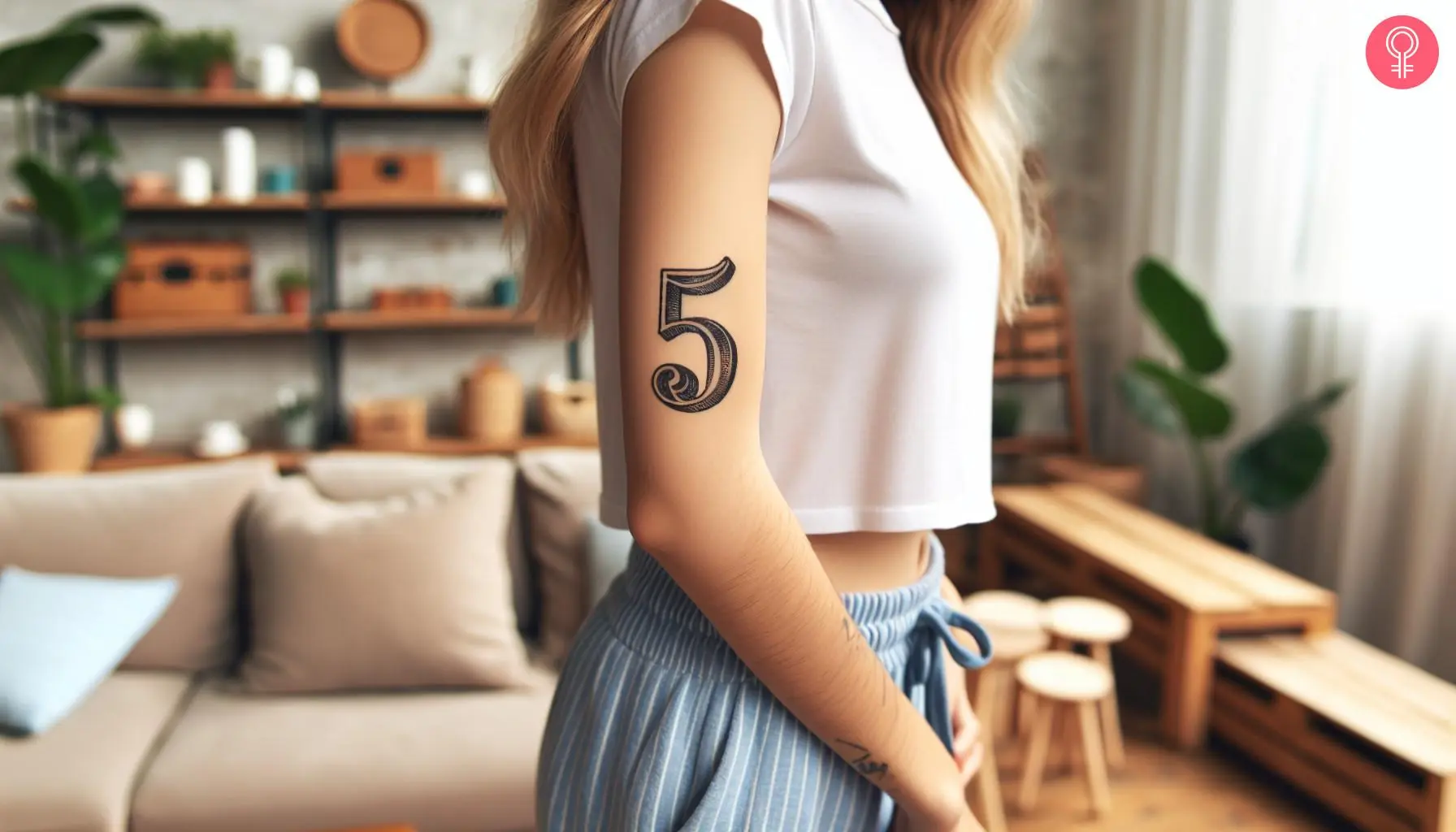 A woman with a bold arm tattoo of the number 5 in typewriter font