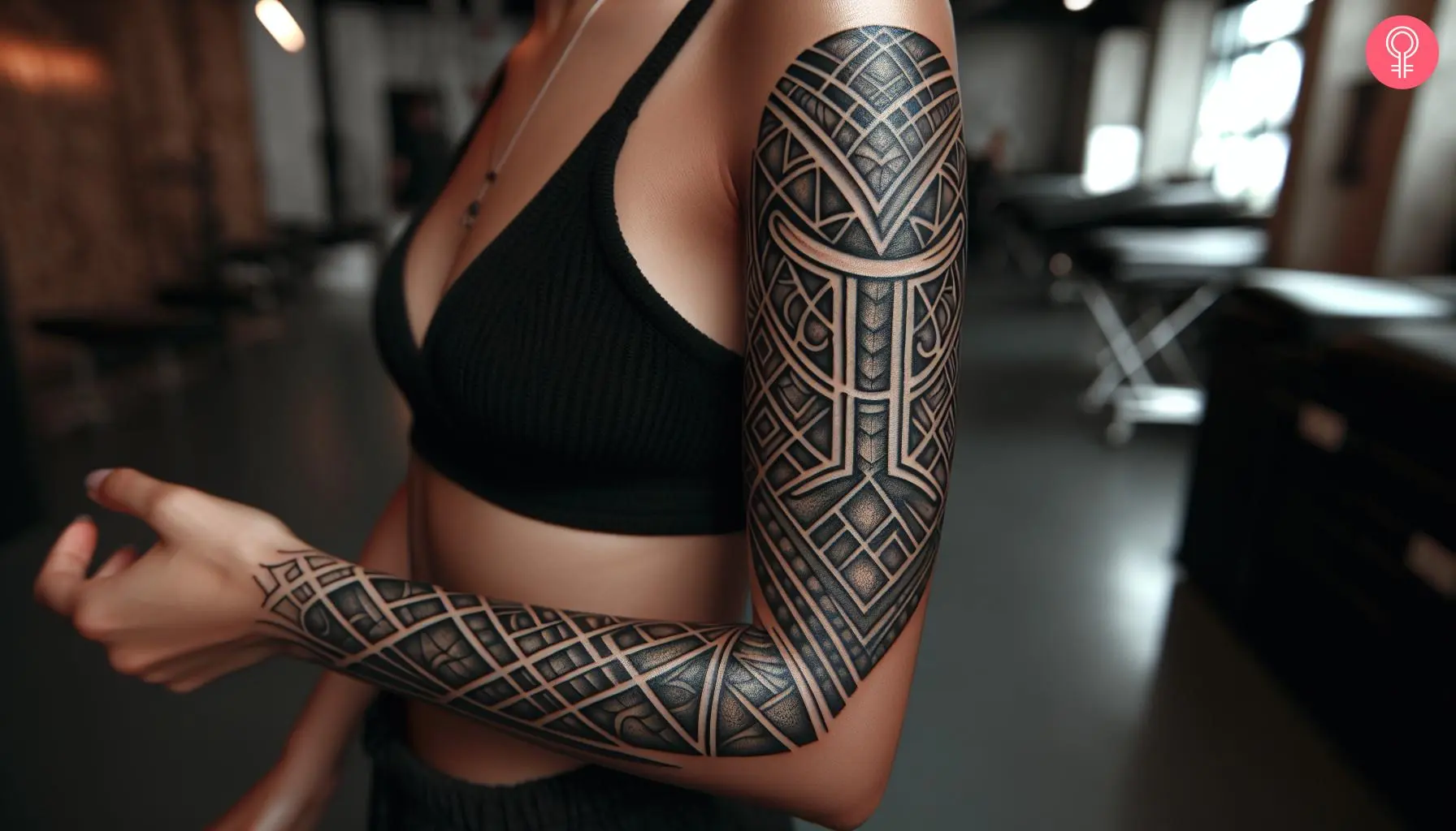 Unique Gemini geometric tattoo design on the sleeve of a woman