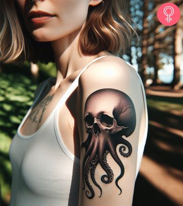 Alstroemeria tattoo on the upper arm of a woman