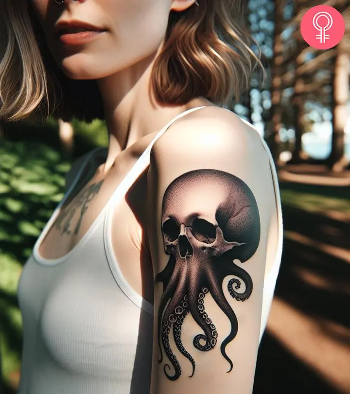 A woman with a octopus skull tattoo