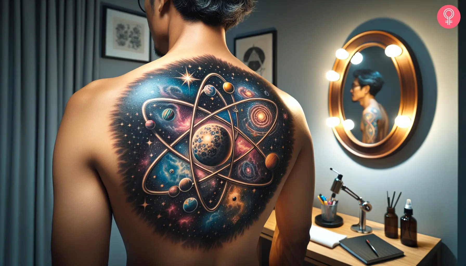 Universe atom tattoo on the back of a man