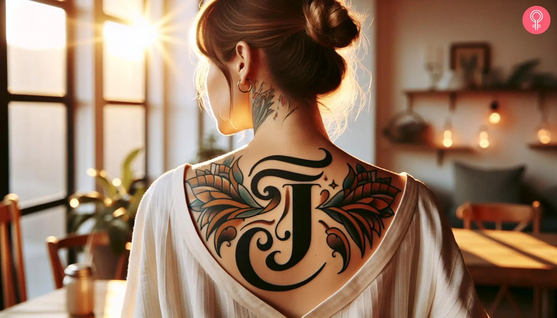 A woman with an uppercase letter J tattoo on her shoulder