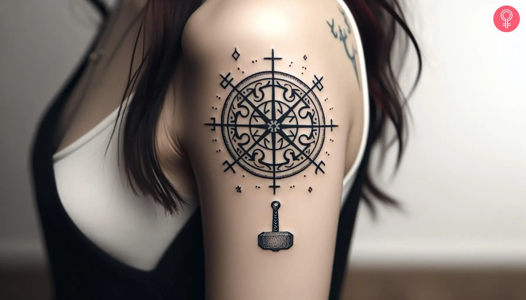 A tattoo showing Vegvisir And Mjolnir