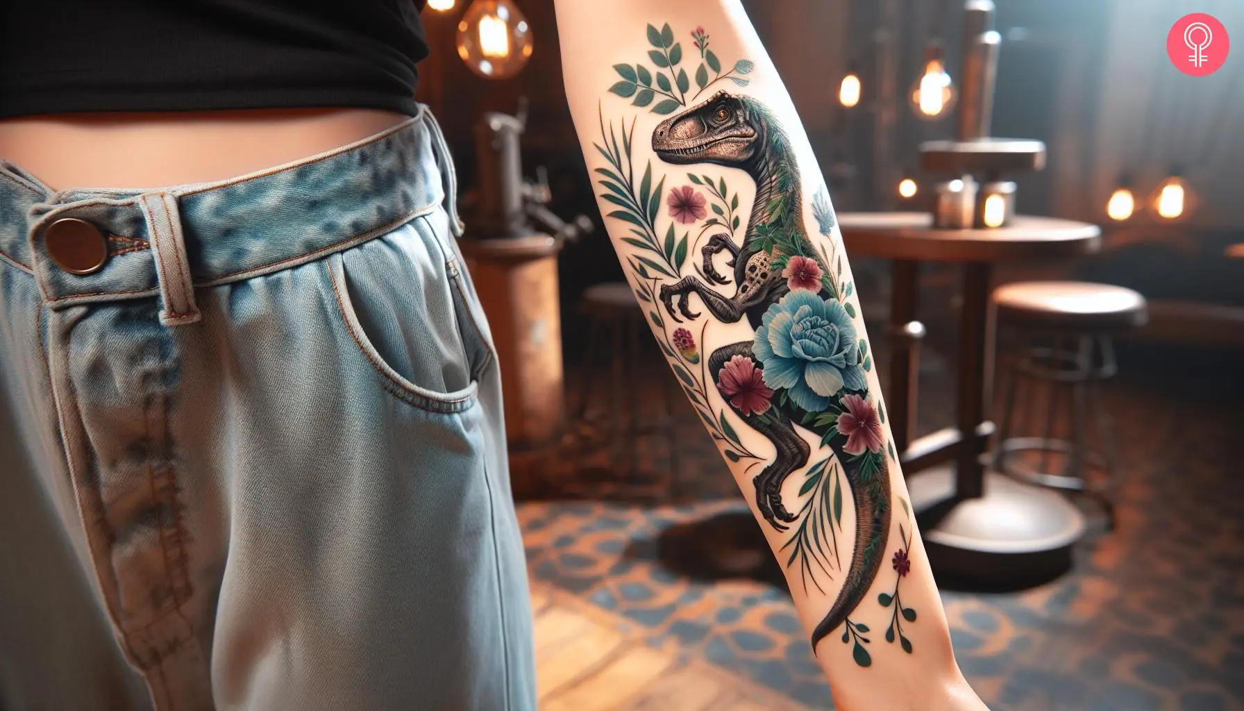 Velociraptor floral dinosaur tattoo on the forearm of a woman