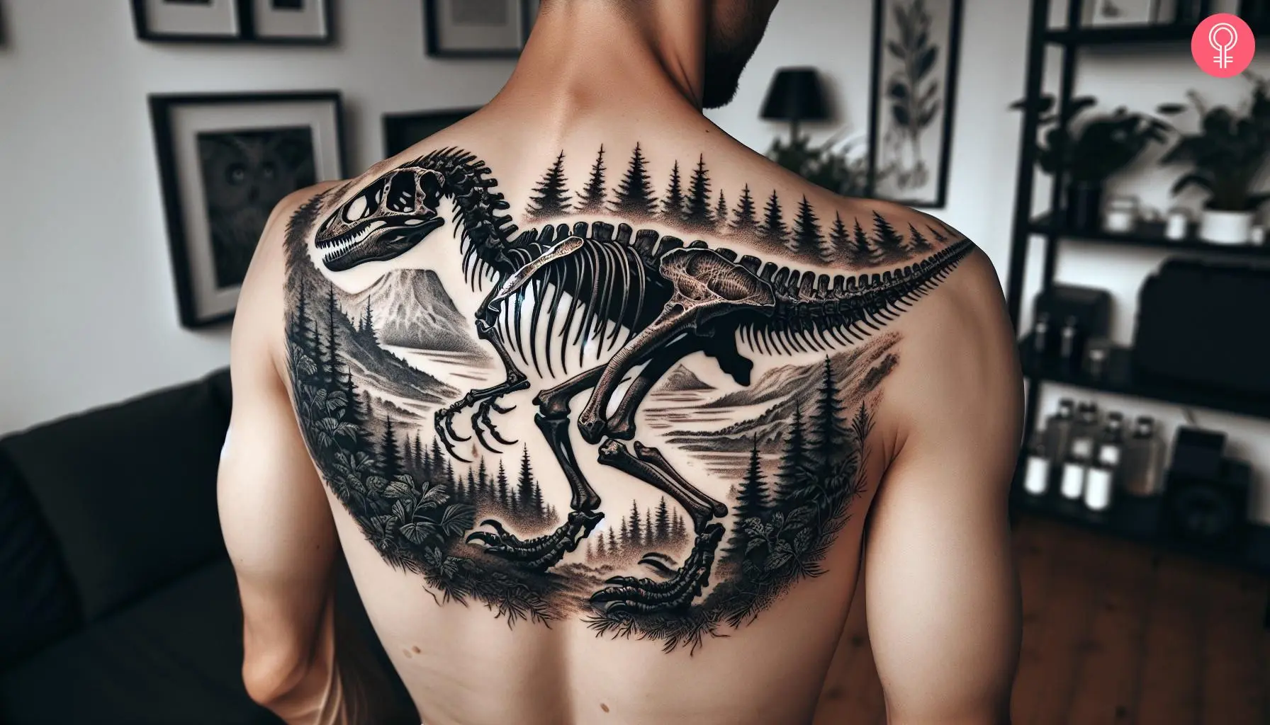 Velociraptor skeleton tattoo on the back of a man