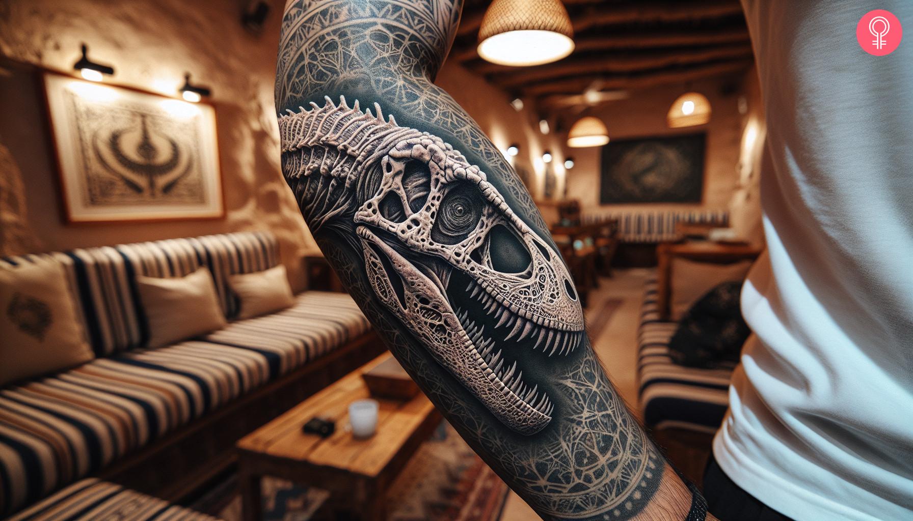 Velociraptor skull tattoo on a man's arm