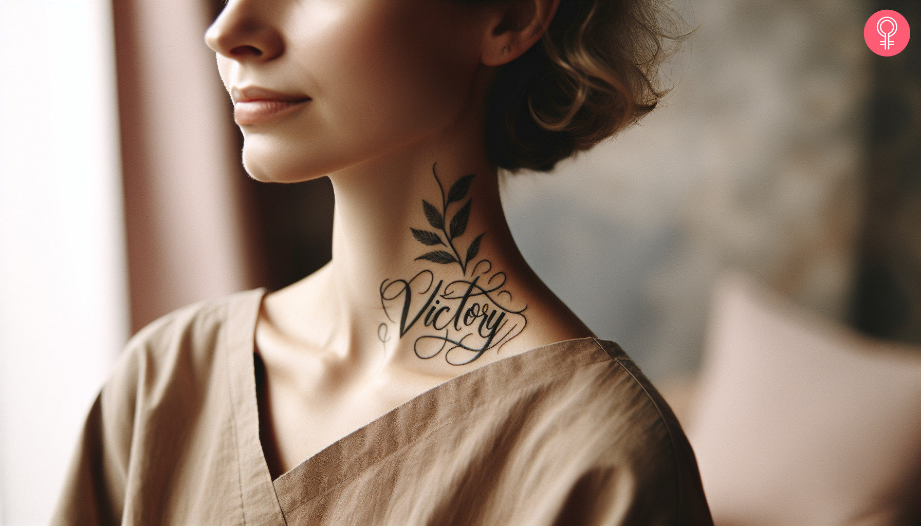 A victory neck tattoo on a woman