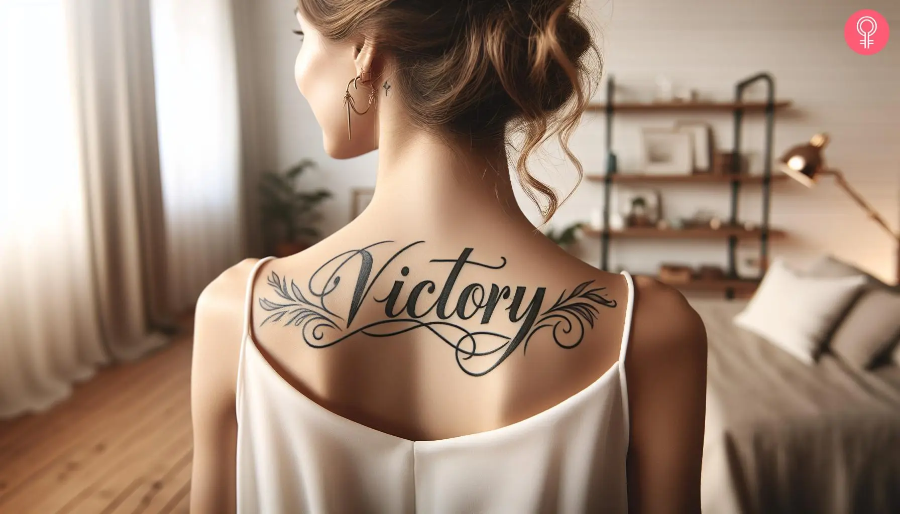 A victory word tattoo on the upper back of a woman