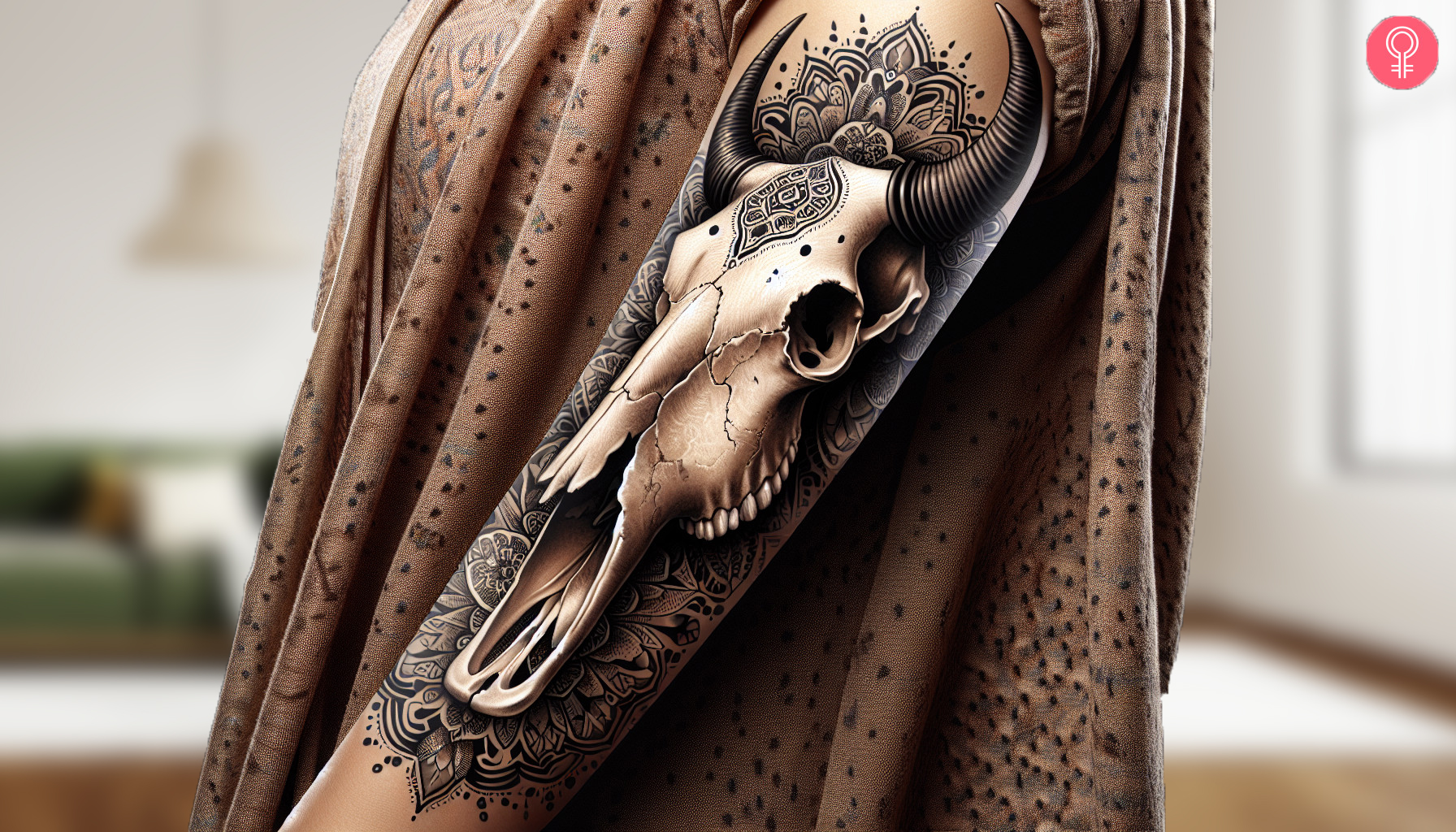 A vintage cow skull tattoo on the arm of a woman