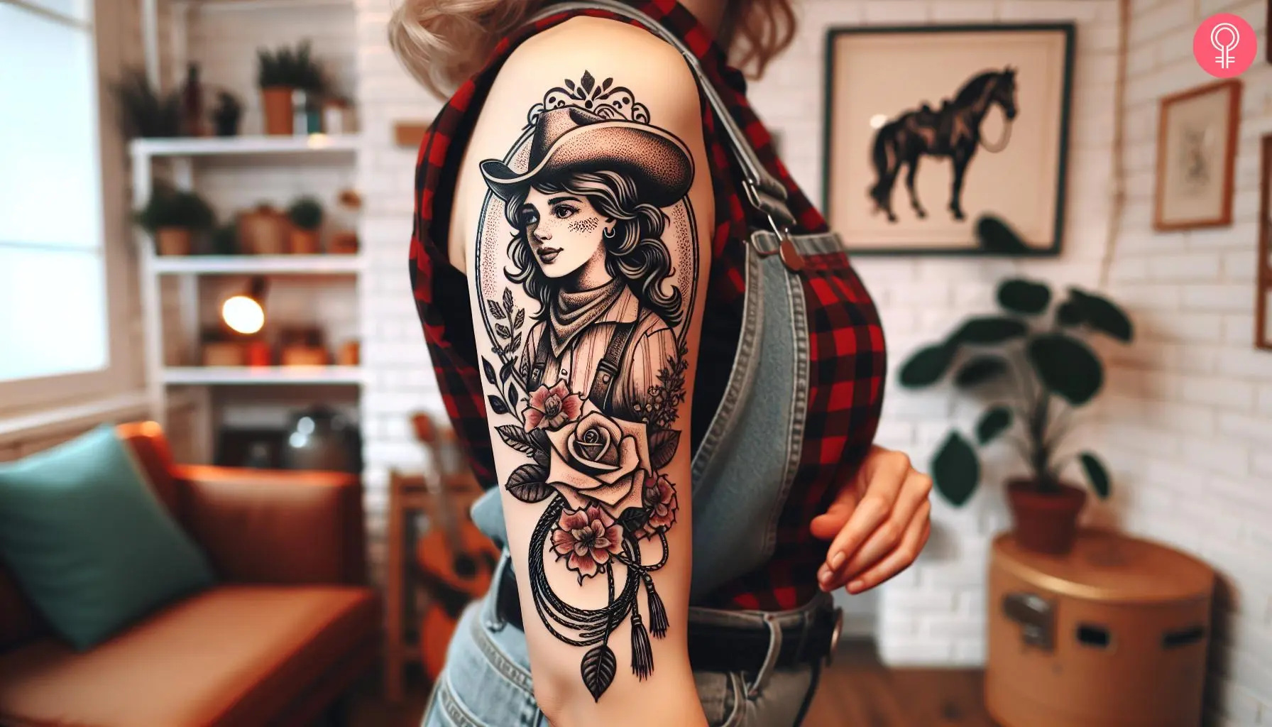 Vintage cowgirl tattoo on the upper arm of a woman