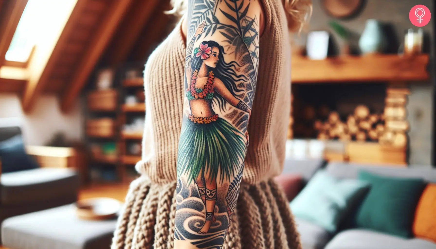 A woman with a vintage hula girl tattoo with tribal motifs